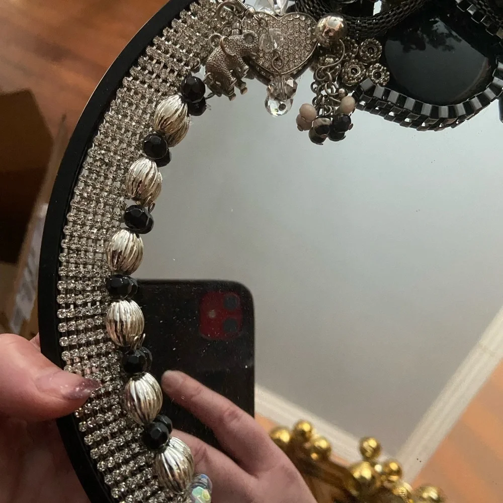 Upcycled, Hand-decorated 10 Inch Mirror. Decorated With Fashion Jewelry.
